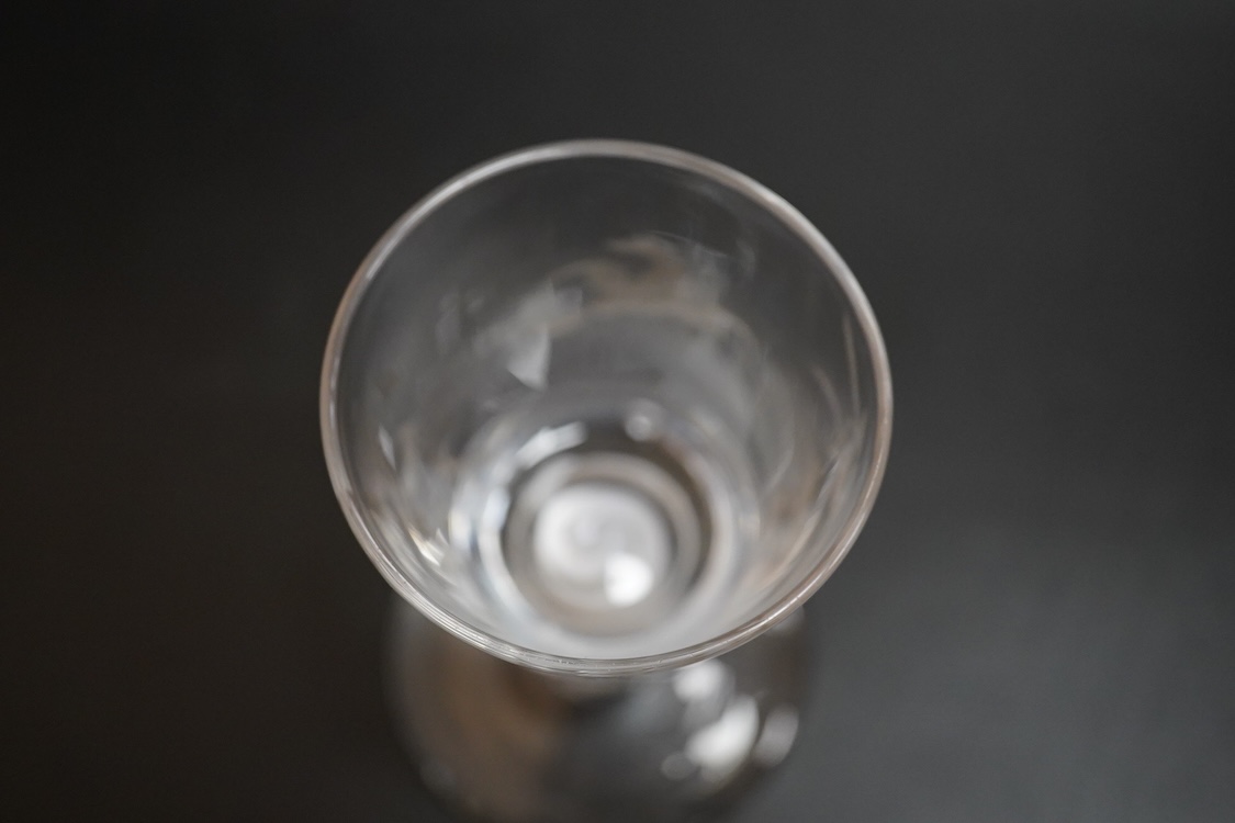 A double series opaque twist stem firing glass, with wheel engraved bowl - 11.5cm high
